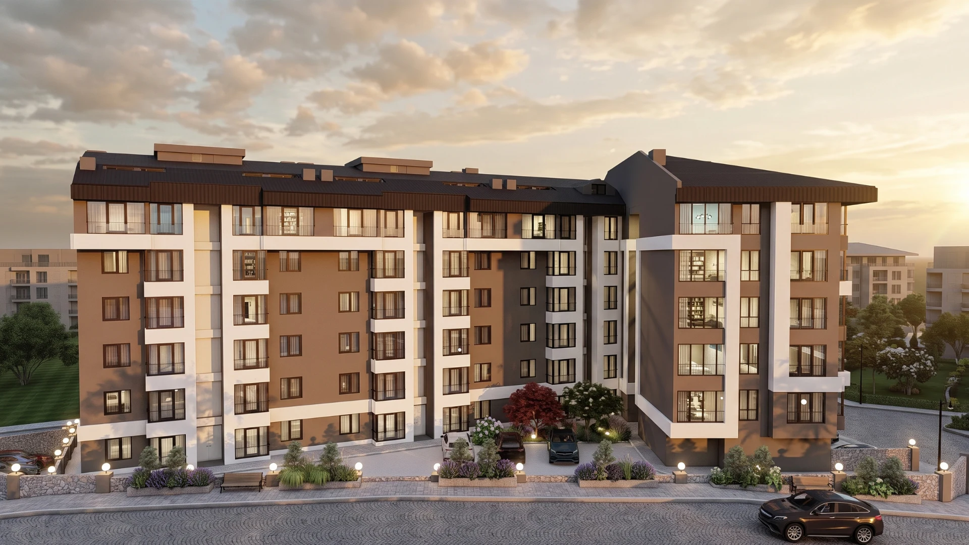 Yalı Apartmanı gün batımı cephe görünümü